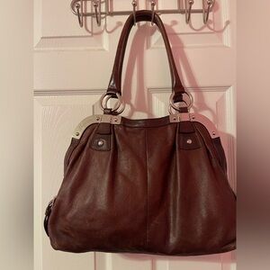 B. Makowsky Chocolate Brown Leather Shoulder Satchel Bag with Polished Finish